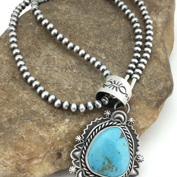 Navajo Sterling Silver Blue Necklace Pendant Ln 20 - Picture 3 of 12